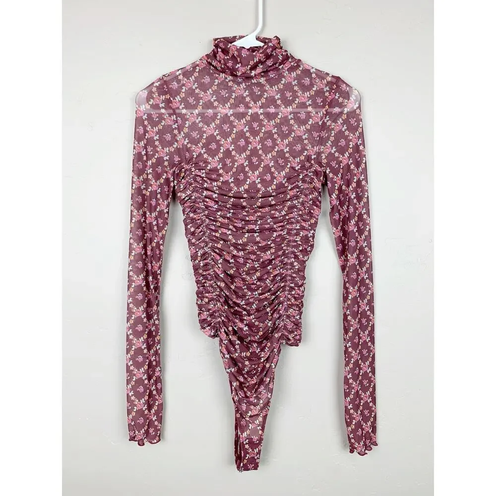 Free People Intimately Under It All Bodysuit Printed Mesh Purple Floral Womens S